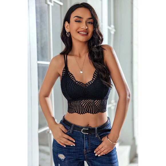 Women's Black Lace Camisoles Double-layered V-neck Sexy Bralettes Crop Top - Picture 3 of 6